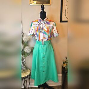 Vintage 1960s Mod Dress, Ascot Blouse Top & Mint Green A-Line Belted Skirt
